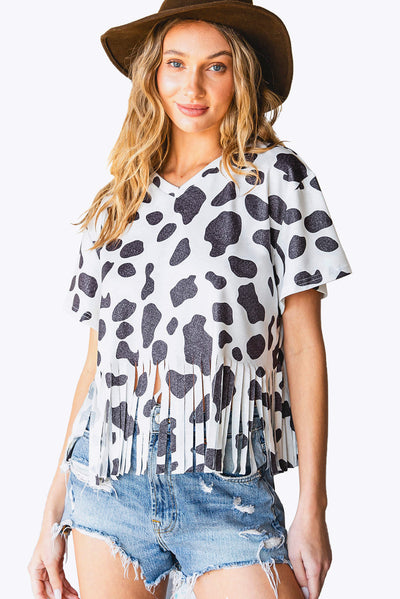 White Fringe Cow Print Short Sleeve Top