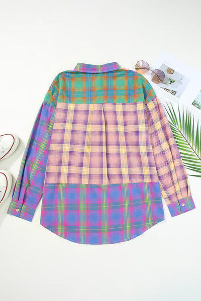 Contrast Plaid Pocketed Collared Neck Shirt