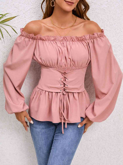 Lace-Up Balloon Sleeve Off-Shoulder Blouse