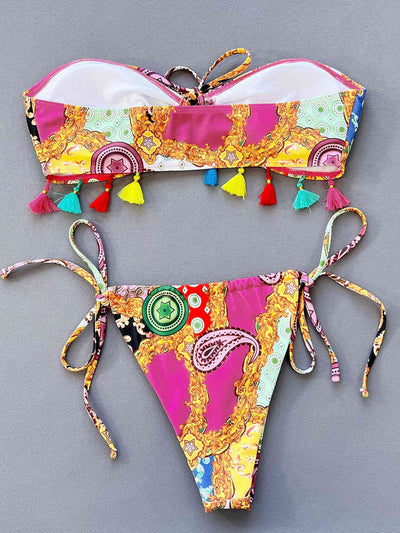 Printed Tied Strapless Bikini Set