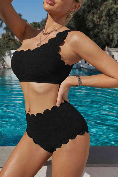 Scalloped Trim One-Shoulder Bikini Set