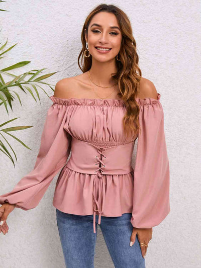 Lace-Up Balloon Sleeve Off-Shoulder Blouse