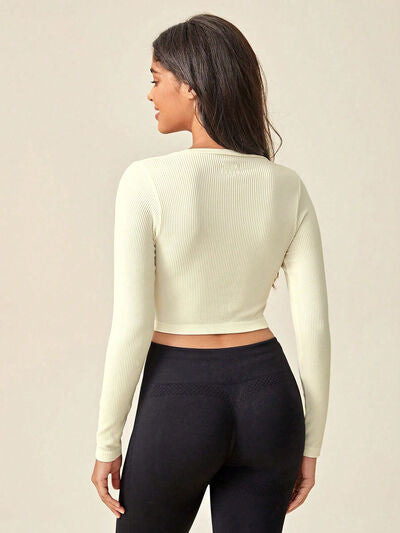 Ribbed Notched Long Sleeve Cropped Active Top